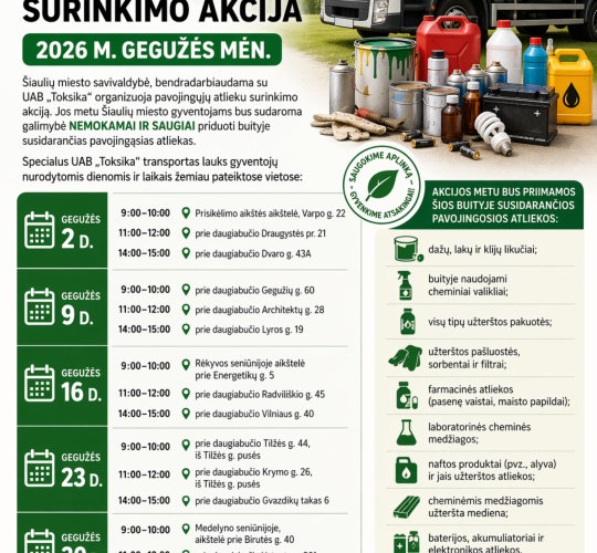 2026 m. gegužės mėnesį Šiaulių mieste vyks pavojingųjų atliekų surinkimo akcija!